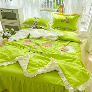 小草莓夏被床裙款 薄被子 四件套小清新绿色田园风夏凉被春秋被夏季