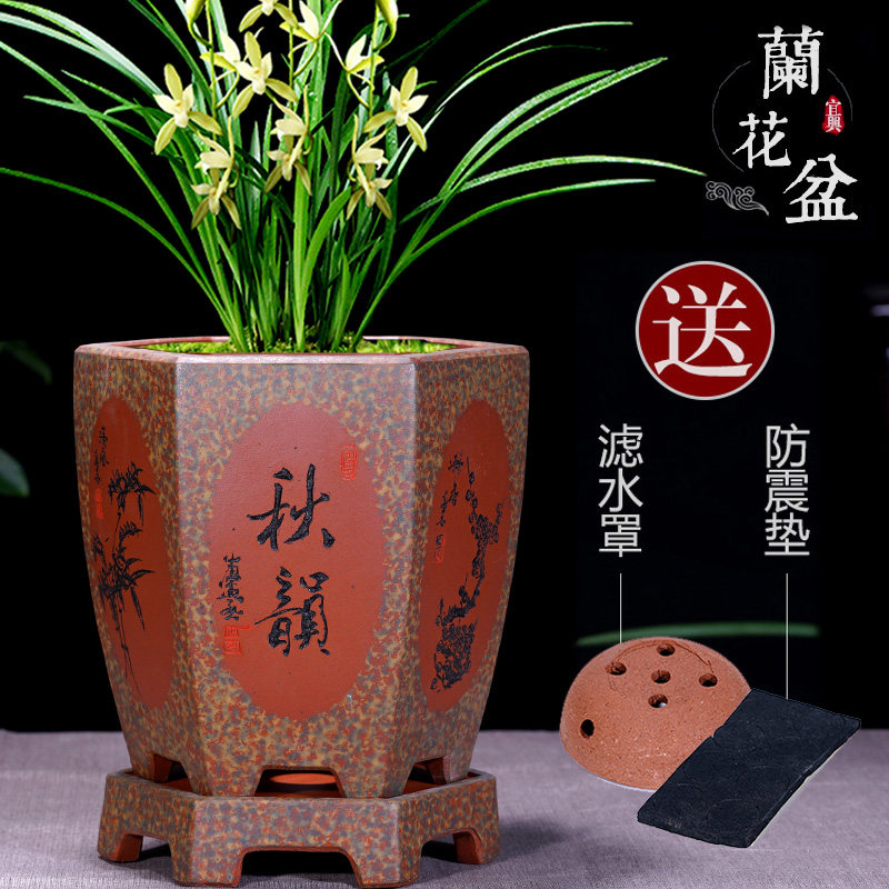 精品紫砂花盆六方兰草盆吊兰君子兰带托盘室内陶瓷花盆兰花专用盆