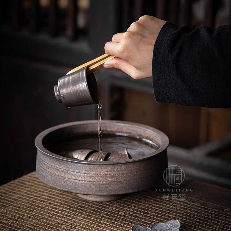 古铜釉粗陶大茶洗复古杯洗鎏金铁锈釉茶水盂废水盆陶瓷功夫茶具