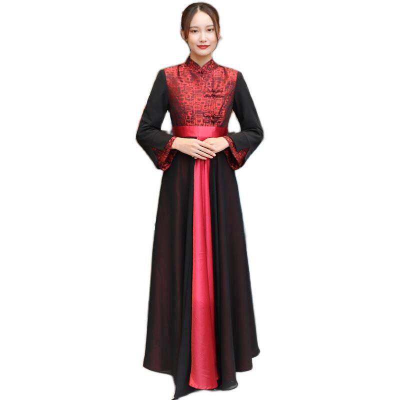 酒店迎宾服咨客礼仪服中餐厅长袖新款汉服茶楼中国风唐装改良旗袍