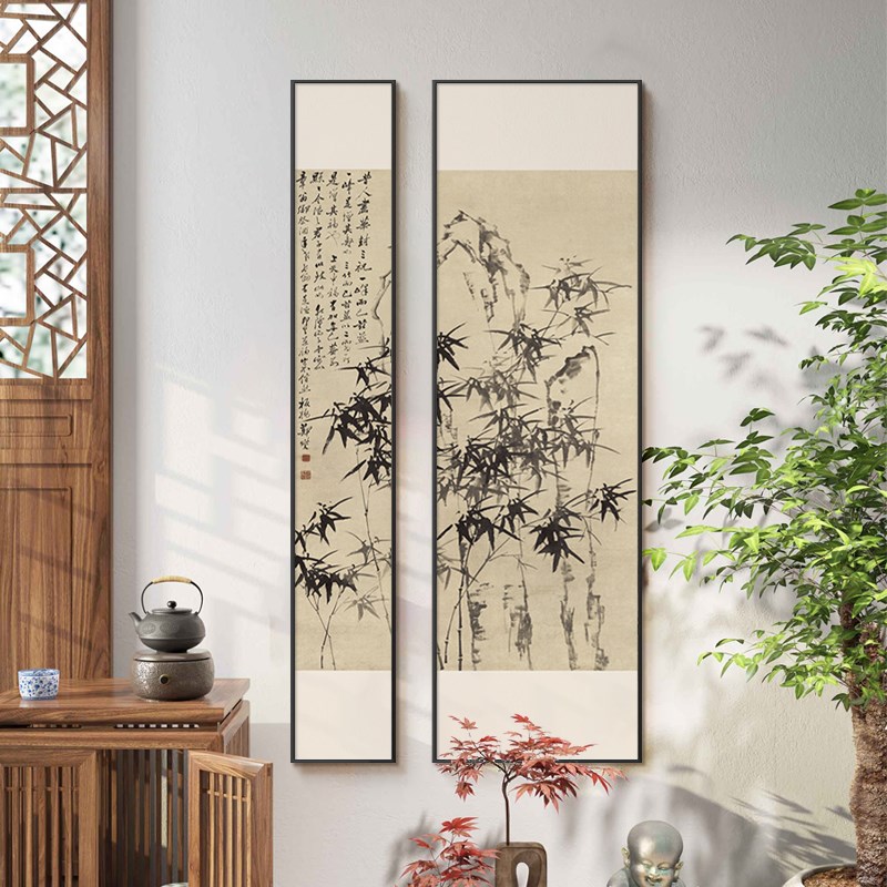 郑板桥竹子挂画新中式玄关装饰画入户进门禅意茶室背景墙组合画