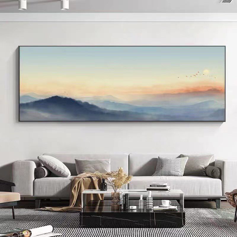 纯手绘油画新中式旭日东升风景挂画横版卧室客厅沙发背景墙装饰画