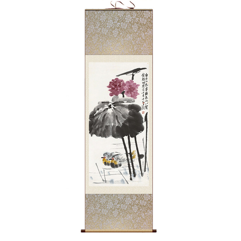 齐白石荷花画 国画水墨画 客厅四条屏 卷轴挂画 书房装饰画丝绸画
