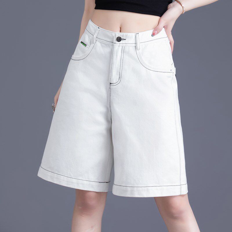 白色牛仔短裤女2024年新款直筒高腰夏季薄款小个子阔腿五分裤中裤