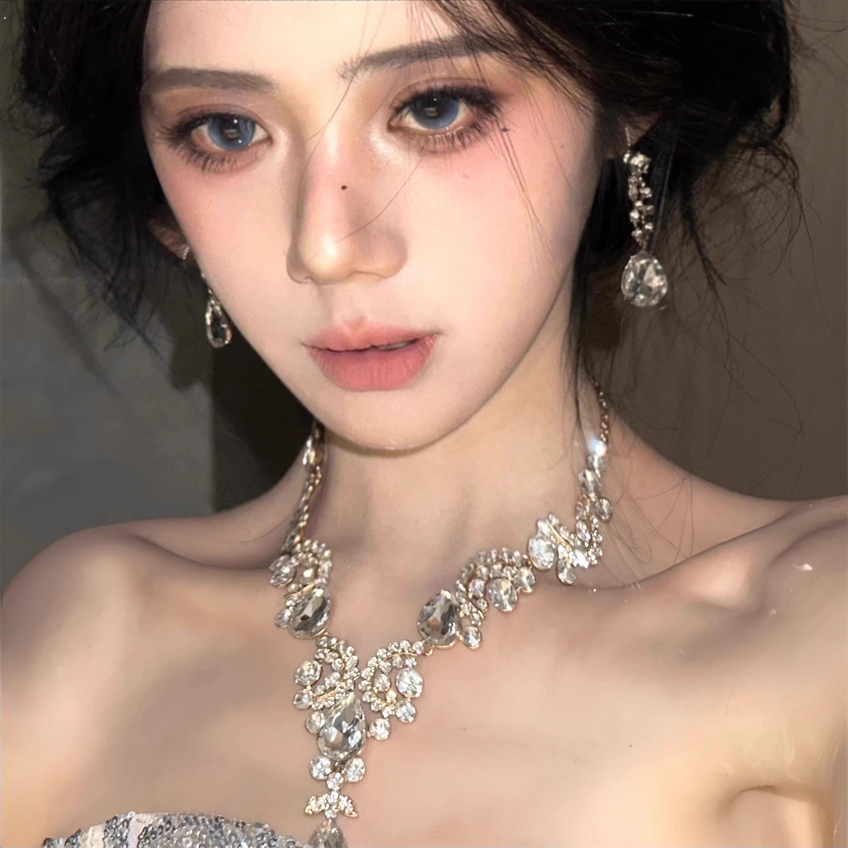 超闪水滴满钻流苏项炼耳环套装女宫廷轻奢小众设计锁骨炼脖子配饰