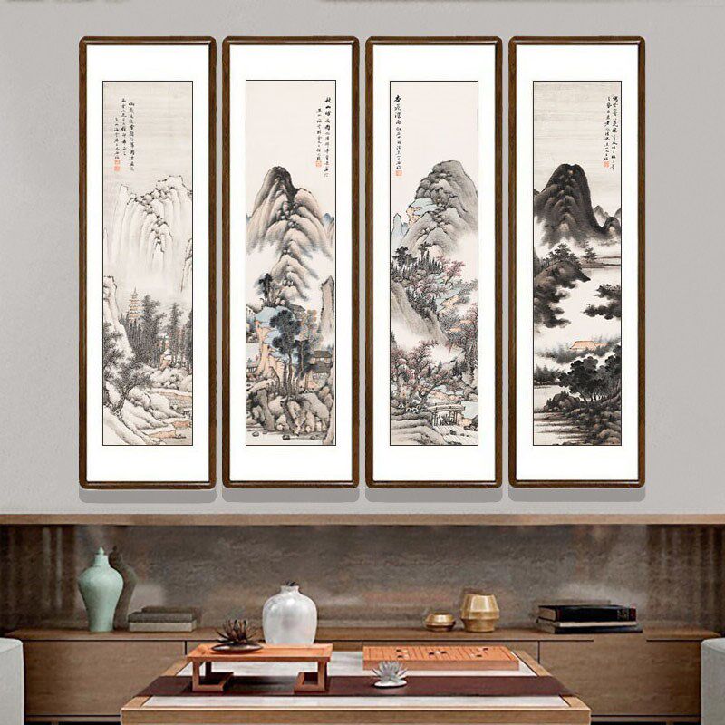 山水四条屏国画水墨画中式客厅餐厅装饰画办公室挂画酒店大堂壁画