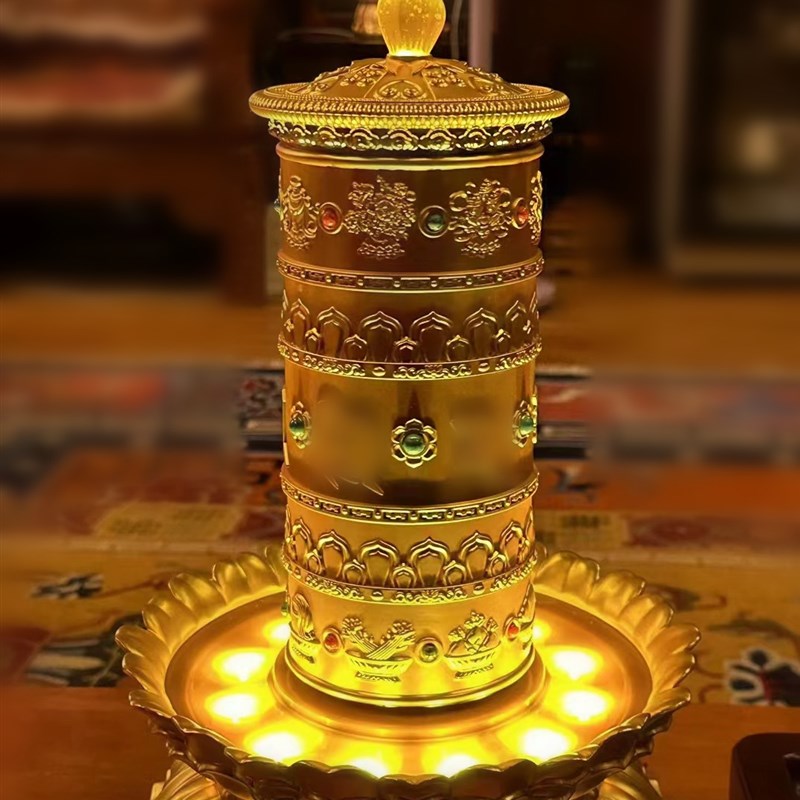 新款藏式莲花转轮电动转筒转运轮客厅家用摆件八吉祥转金筒转金桶