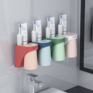 收纳盒牙缸套装 架子 壁挂式 牙刷置物架免打孔漱口杯放刷牙杯挂墙式