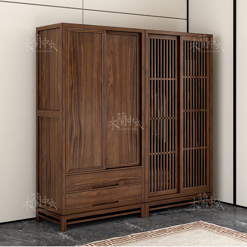 新中式实木衣柜禅意简约卧室柜组合推拉门仿古榆木民宿家具定制