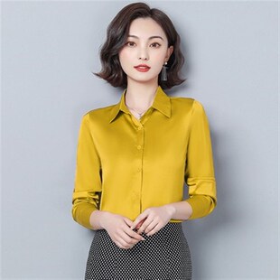 缎面衬衫 2023秋季 新款 真丝长袖 衬衣女士宽松遮肚上衣 洋气职业时尚
