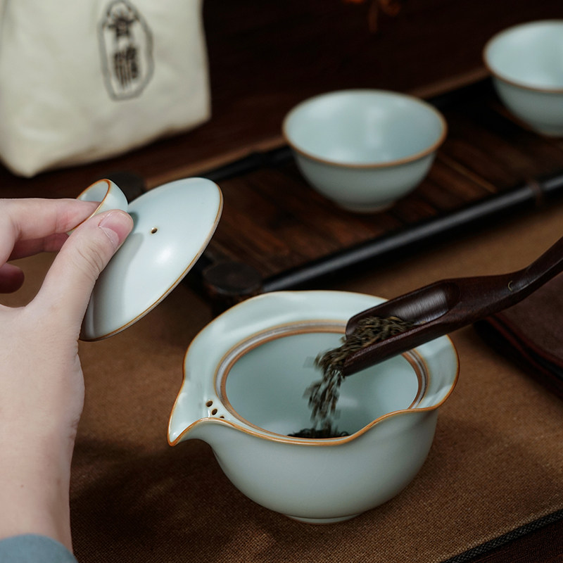 汝窑旅行茶具套装户外便携式快客杯汝瓷手抓碗景德镇陶瓷礼品青瓷