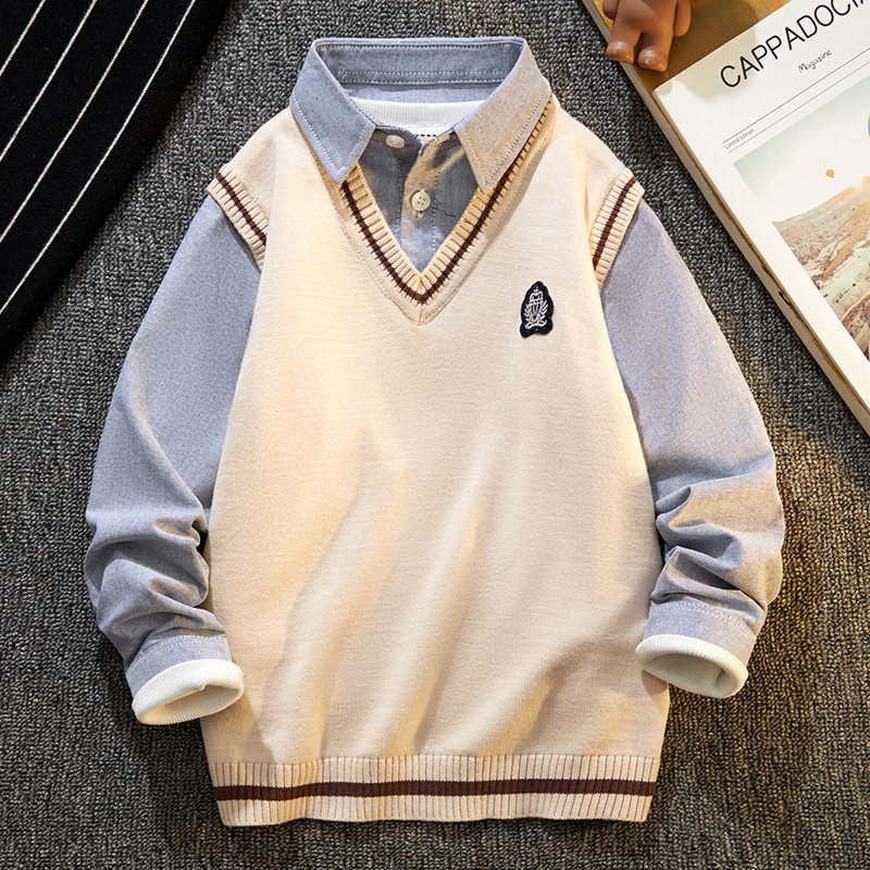 男童衬衫领假两件毛衣儿童秋冬款2022秋装新款男孩纯棉马甲针织衫