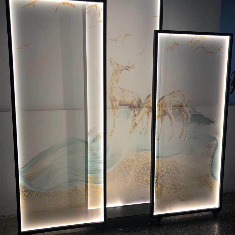 定制新中式方形双面半透明发光丝绢滑轮屏风隔断山水画纱画