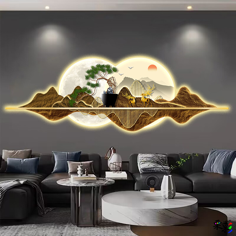 新中式客厅装饰画led发光灯画大气壁画迎客松沙发背景墙壁灯挂画