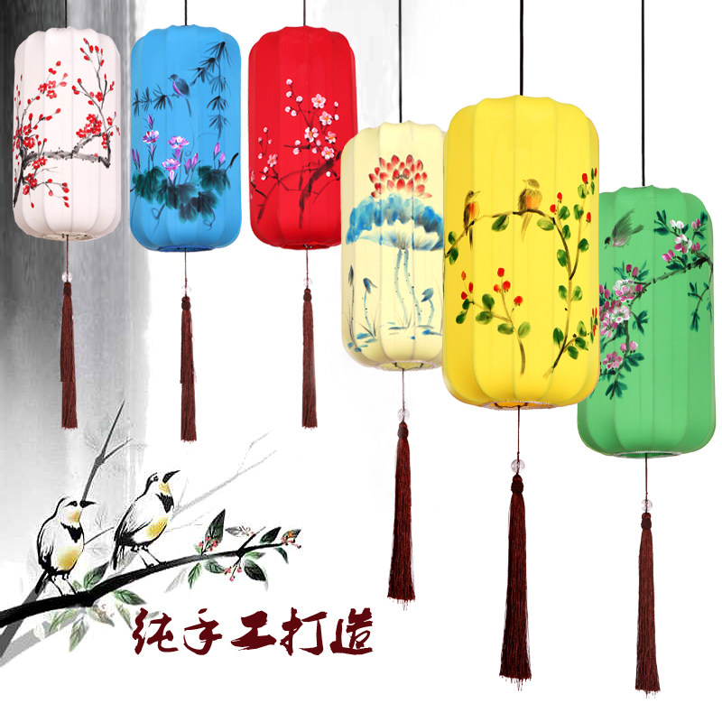 中式布艺手绘灯笼仿古典宫灯餐厅茶楼过道创意冬瓜长形布艺吊灯具