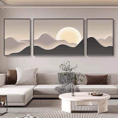 背有靠山三联客厅装饰画现代简约沙发背景墙壁画轻奢风高级感挂画