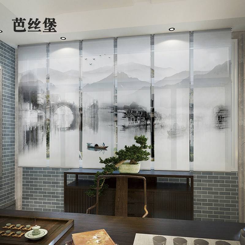 卷帘窗帘遮光悬挂软屏风帘升降隔断客厅茶室酒店餐厅山水画电动