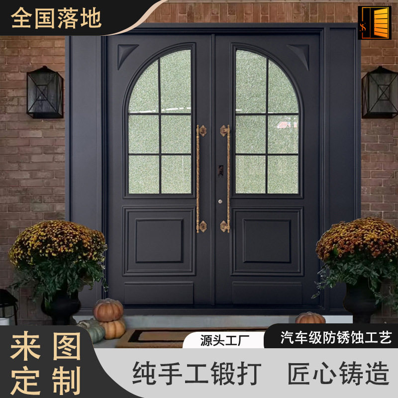 法式别墅四开子母入户门圆弧玻璃门扇带智能锁来图定制支持出口图片