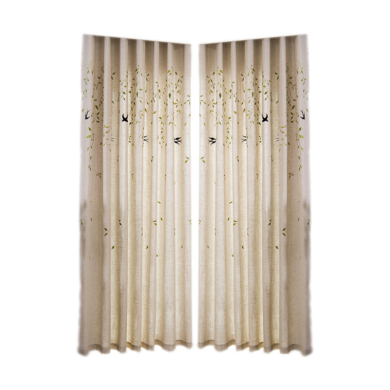 定制亚麻半遮光柳枝飞燕日式现代简约客厅卧室飘窗成品环保窗帘