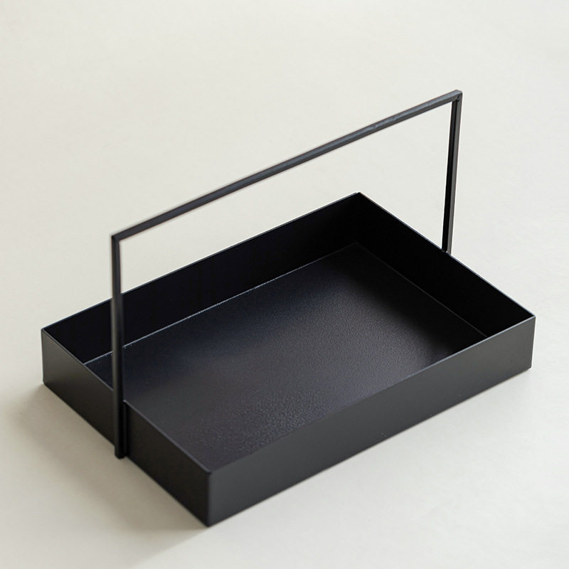 新中式铁艺手提篮软装现代托盘酒店黑色铁艺茶托茶道配件饰品摆件