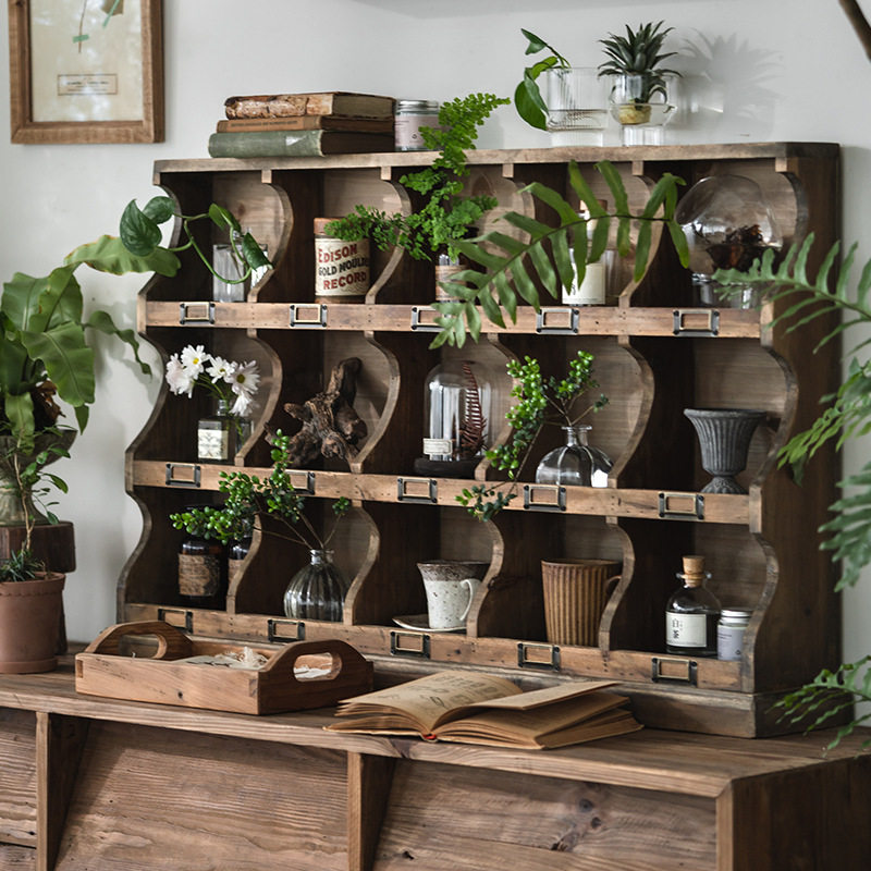 复古实木桌面置物架做旧杯架多宝格收纳架展示架格子柜