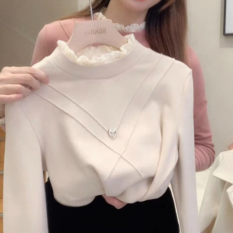 双面德绒发热衣女加绒加厚秋冬可外穿内搭蕾丝上衣半高领打底衫