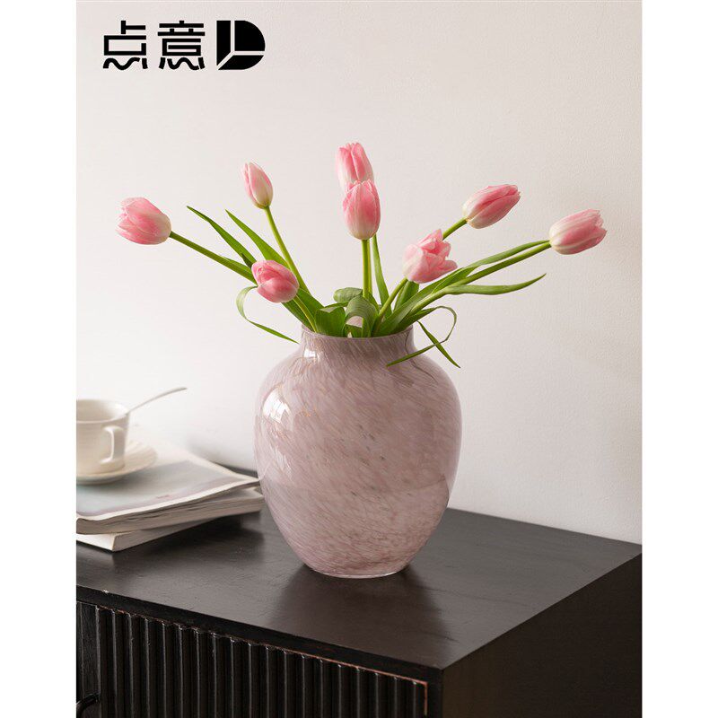 中古ins琉璃花瓶藕粉色蝴蝶兰鲜花水养郁金香餐桌精致高级感装饰