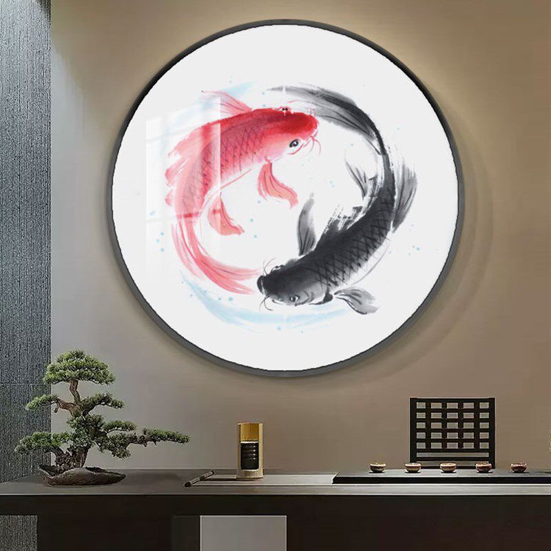 中式九鱼图鲤鱼九鱼聚财太极八卦图装饰画中国风客厅走廊挂画书房