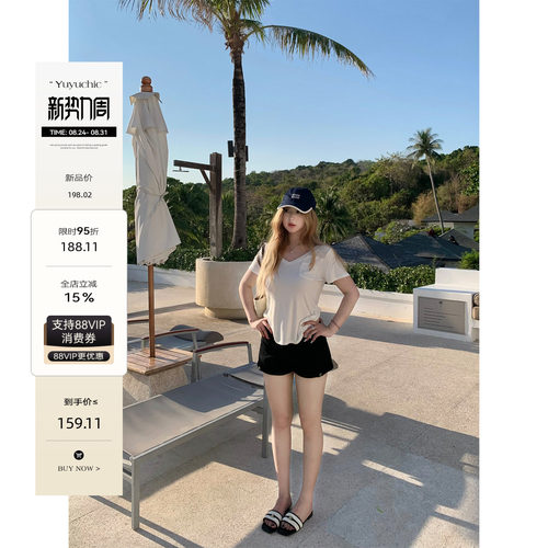 鱼鱼来咯 巷口热风 微胖mm纯棉高腰短裤百搭显瘦纽扣大码牛仔短裤