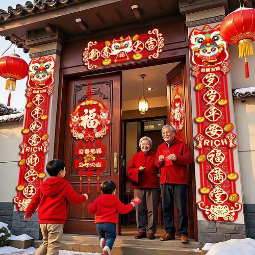 2026新款磁吸春节背胶对联家用马年春联新年新春农村大门绒布门联