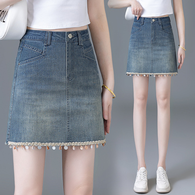 时尚减龄牛仔短裙高腰蕾丝彩片装饰日常通勤显瘦 A 字裙子女