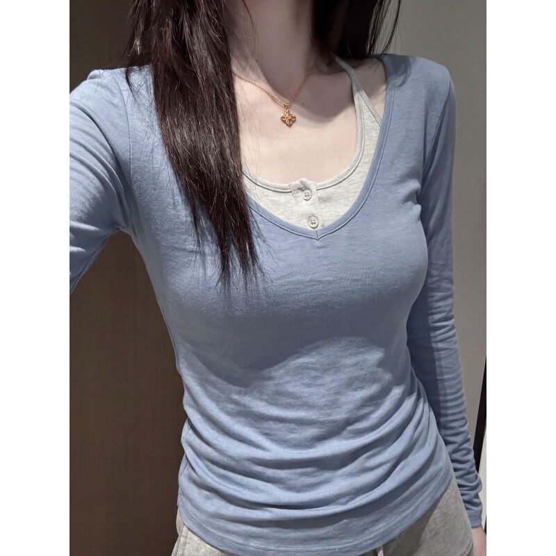 设计感蓝色假两件长袖T恤女韩系穿搭纽扣装饰宽松显瘦打底衫上衣