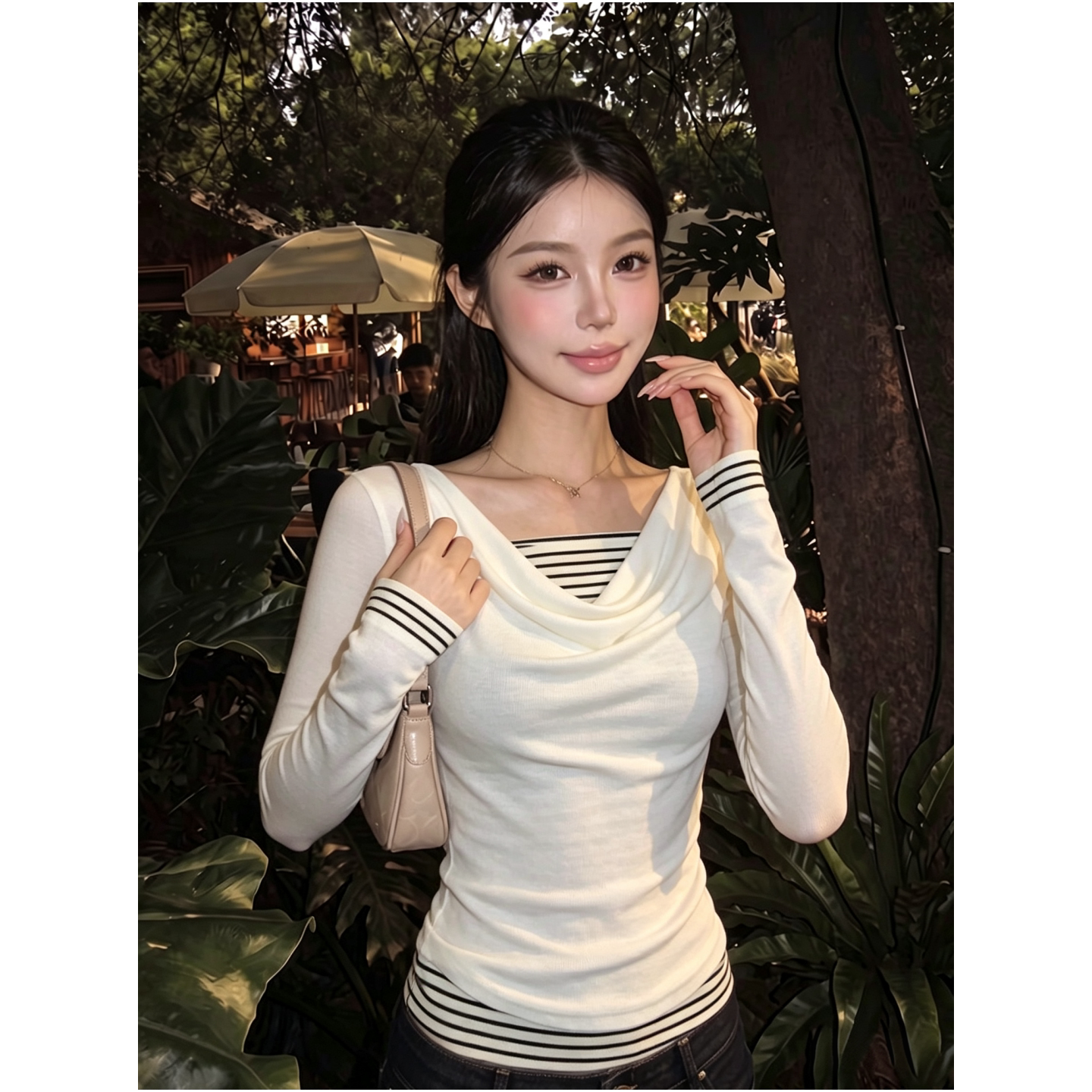 设计感条纹拼接假两件长袖T恤女2026秋季漂亮修身白色打底衫上衣