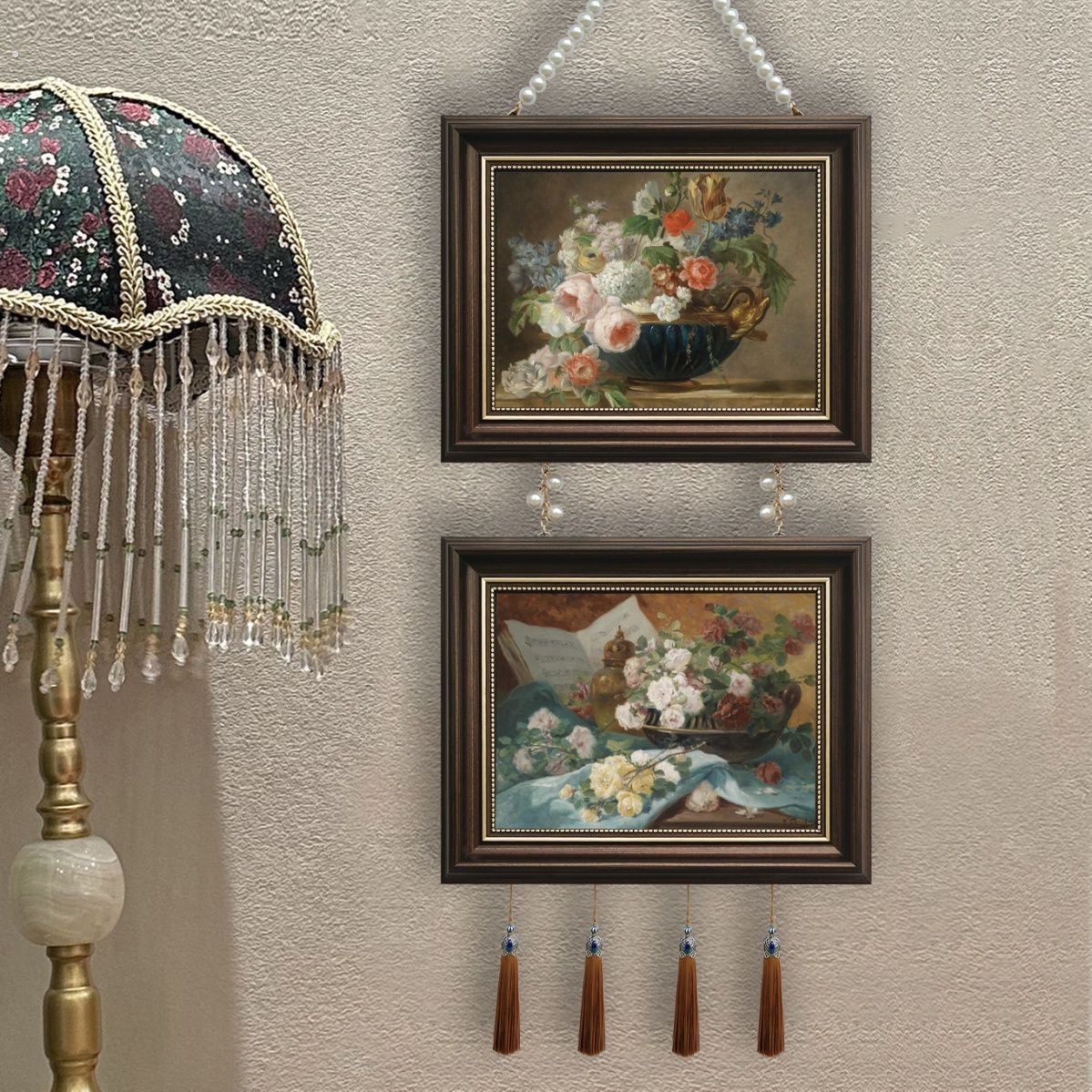装饰画挂画两联带珠链美式法式现代欧式餐厅客厅沙发两联流苏
