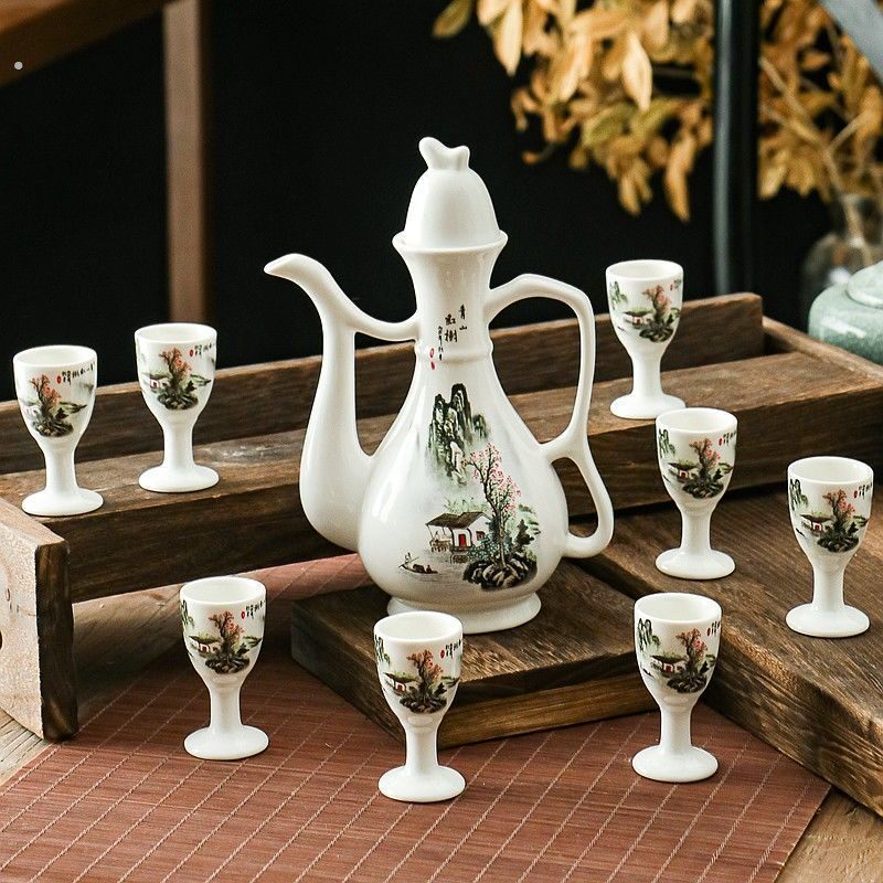 高脚杯陶瓷酒具套装酒壶酒杯酒盅家用中式仿古酒具酒壶古代老式