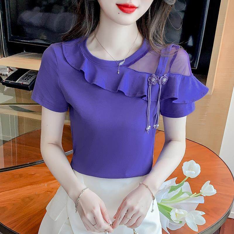 中式花朵盘扣荷叶边短袖t恤女2026夏季新款设计感修身小众上衣潮
