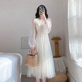 2025新款春夏季法式复古仙女网纱连衣裙超仙温柔风初恋裙两件套女