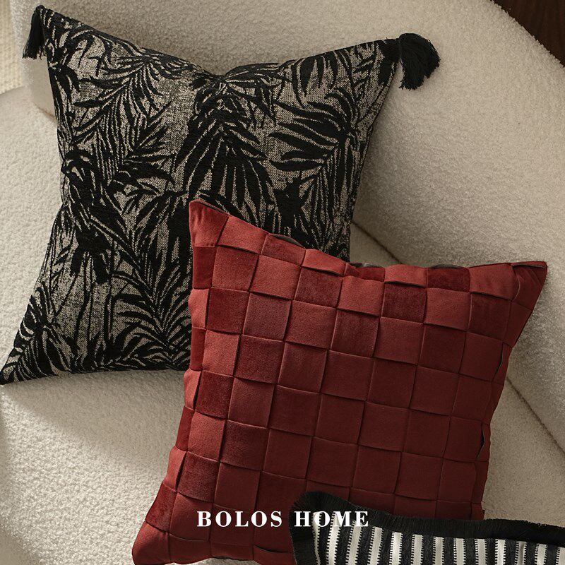 柏洛斯Colorful轻奢红色绒布样板房客厅沙发高级感背靠腰枕抱枕