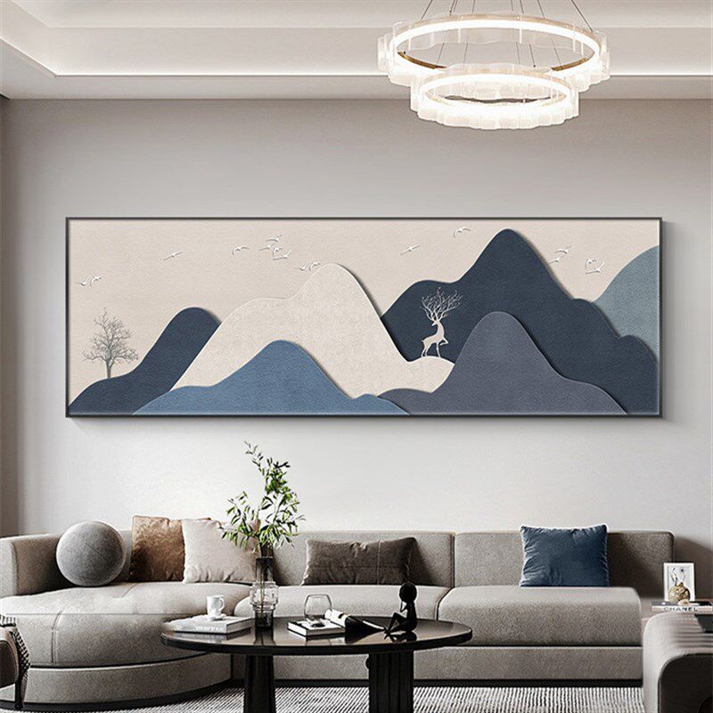 轻奢大气客厅装饰画抽象几何沙发背景墙挂画侘寂风横版山水壁画