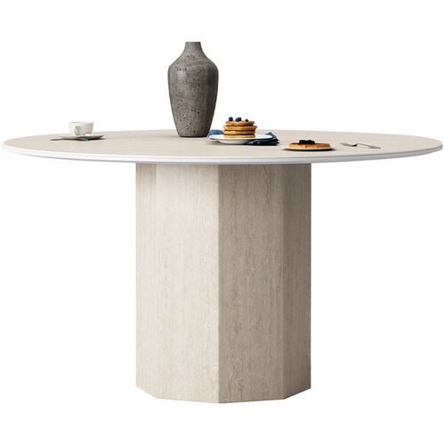 蒂诺莎 洞石岩板餐桌小户型家用圆桌中古风桌子法式奶油风岩白桌 - 封面