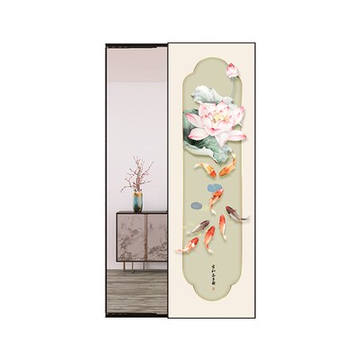 中国风九鱼荷花进门隐身全身镜壁挂式画暗藏可关闭卧室穿衣镜挂画