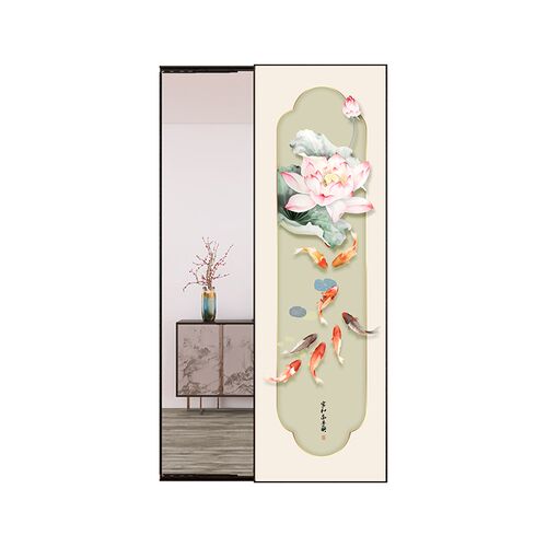 中国风九鱼荷花进门隐身全身镜壁挂式画暗藏可关闭卧室穿衣镜挂画