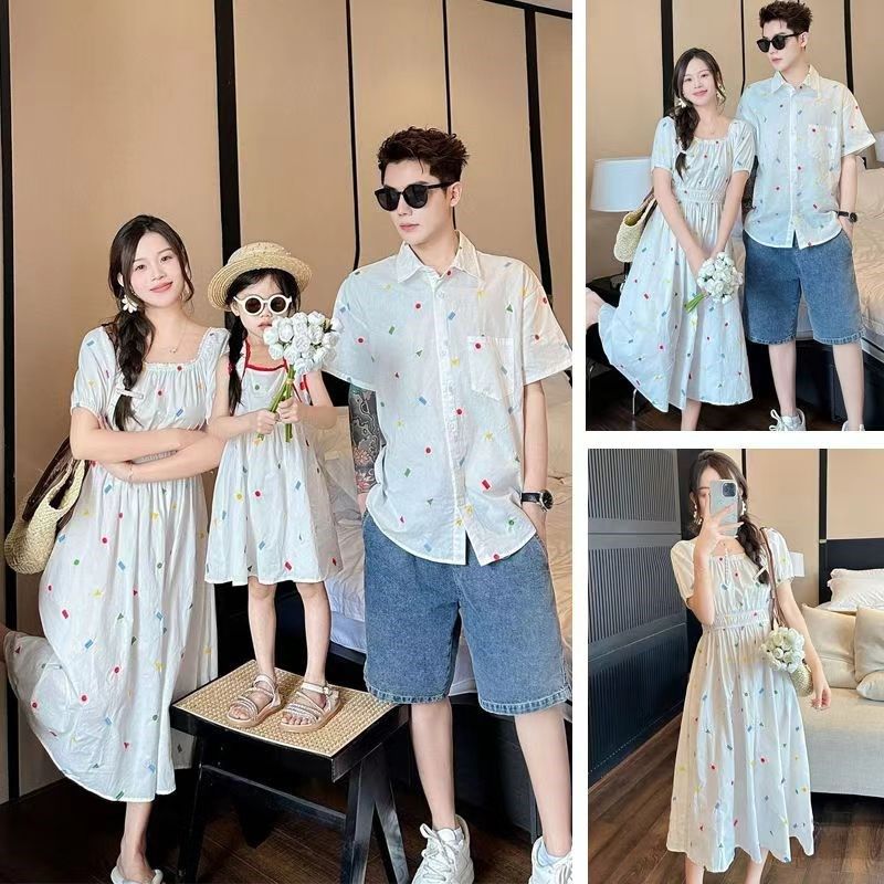 亲子装夏季衬衣短袖2025新款潮一家三口母女装海边度假洋气连衣裙