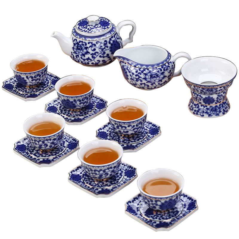 青花瓷盖碗功夫茶具套装小套办公室家用客厅茶艺陶瓷普洱喝茶茶杯
