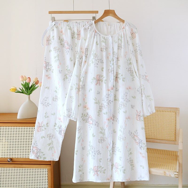 月子服待产裙两件套夏季薄款孕妇睡裙双层纯棉纱布长袖哺乳睡衣