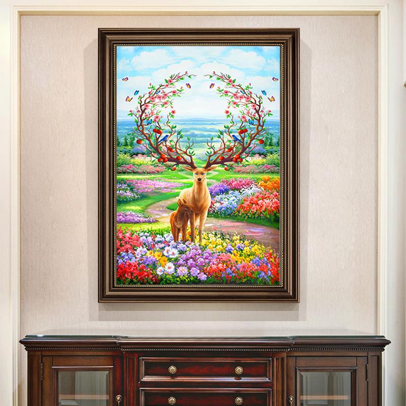 玄关装饰画欧式风格麋鹿小尺寸竖版走廊挂画过道壁画美式客厅油画