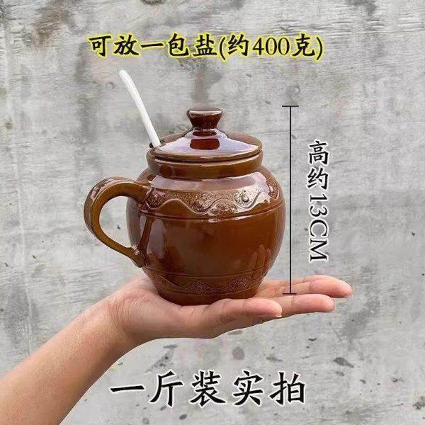 陶瓷罐带勺家用盐罐子带盖子子老式调味料罐防潮盐罐子调味罐1斤2