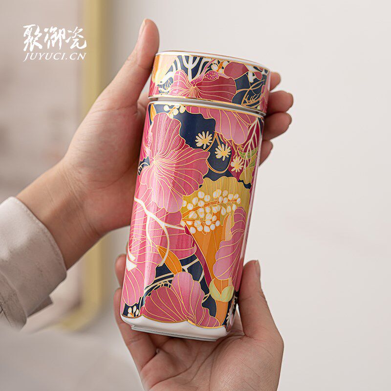 陶瓷盖双层陶瓷保温杯女男士 密封便携车载直饮茶水分离泡茶水杯