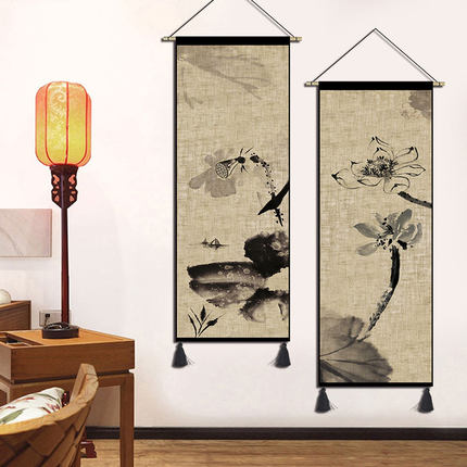 中式水墨荷花挂画布艺茶楼民宿卧室装饰布画玄关走廊壁画挂布定制