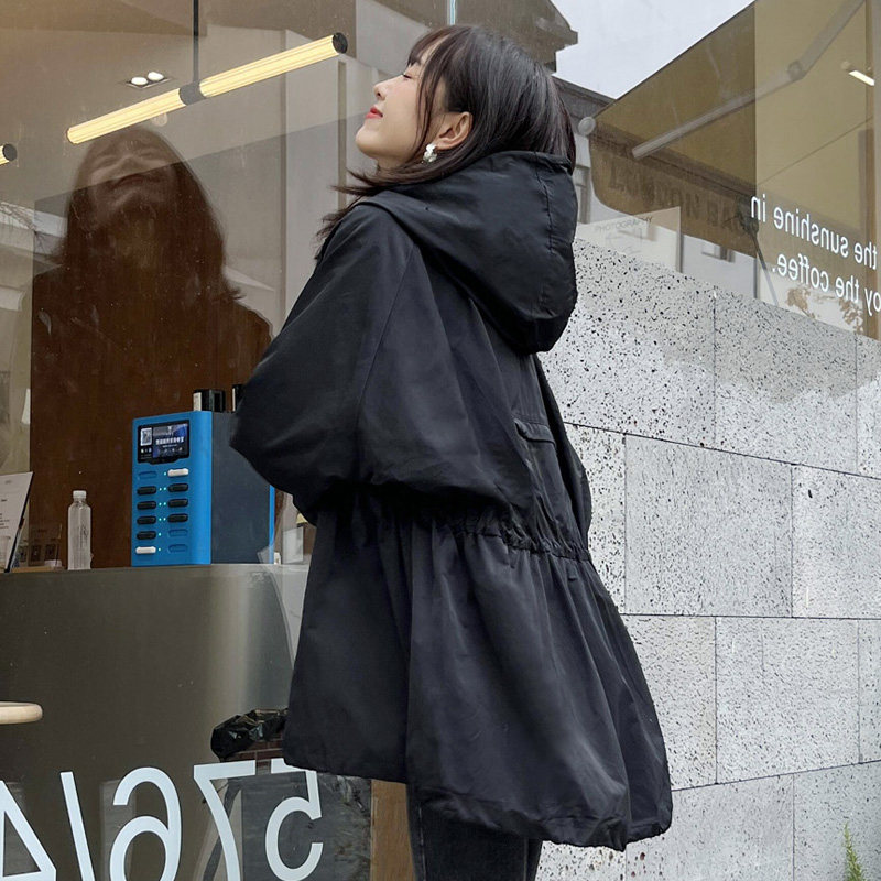 2023春季新款女装外套中长款前短后长宽松收腰显瘦bf连帽斗篷风衣